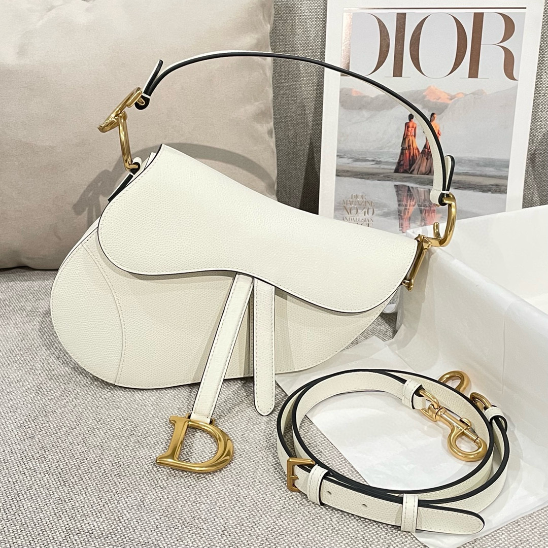 디올 Dior Saddle Bag with Strap White 25.5cm