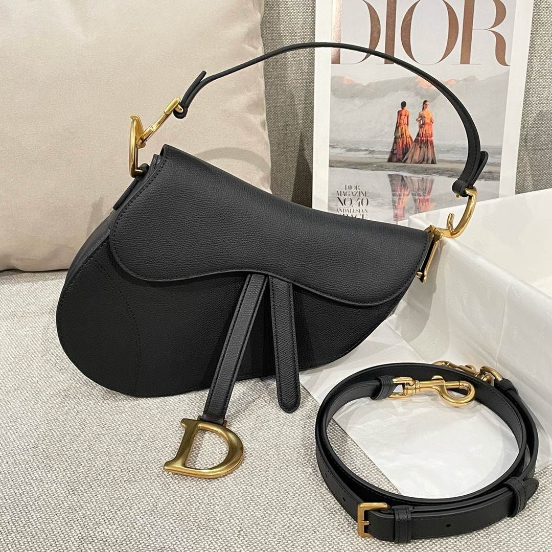 디올 Dior Saddle Bag with Strap Black 25.5cm