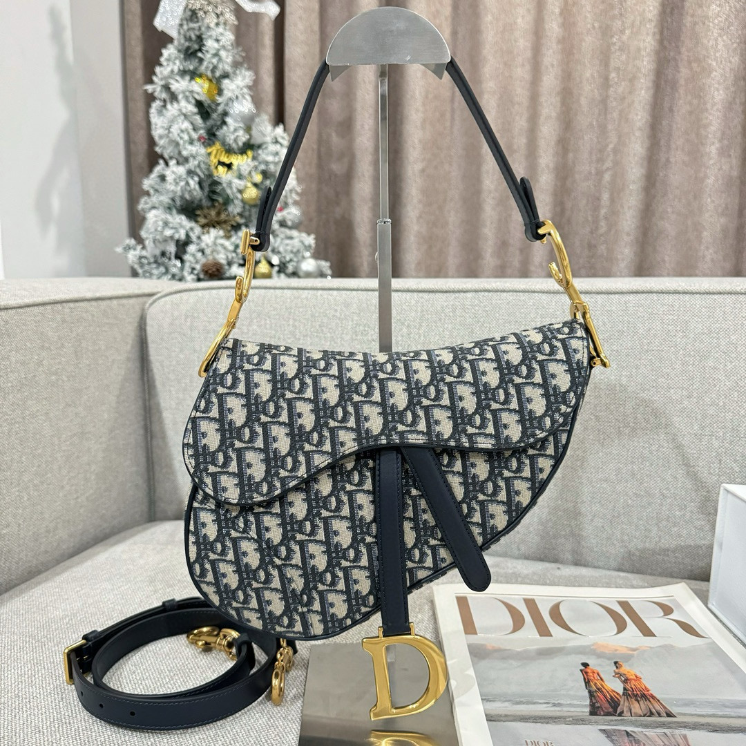 디올 Dior Saddle Bag with Strap Oblique Jacquard Blue 25.5cm