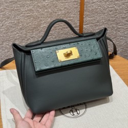 에르메스 Hermes Kelly 2424 21cm Swift and KK ostrich Vo Vert Rousseau/gold