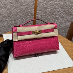 에르메스 Hermes Kelly Pochette 22cm Porosus Crocodile 5J Fuchia/gold