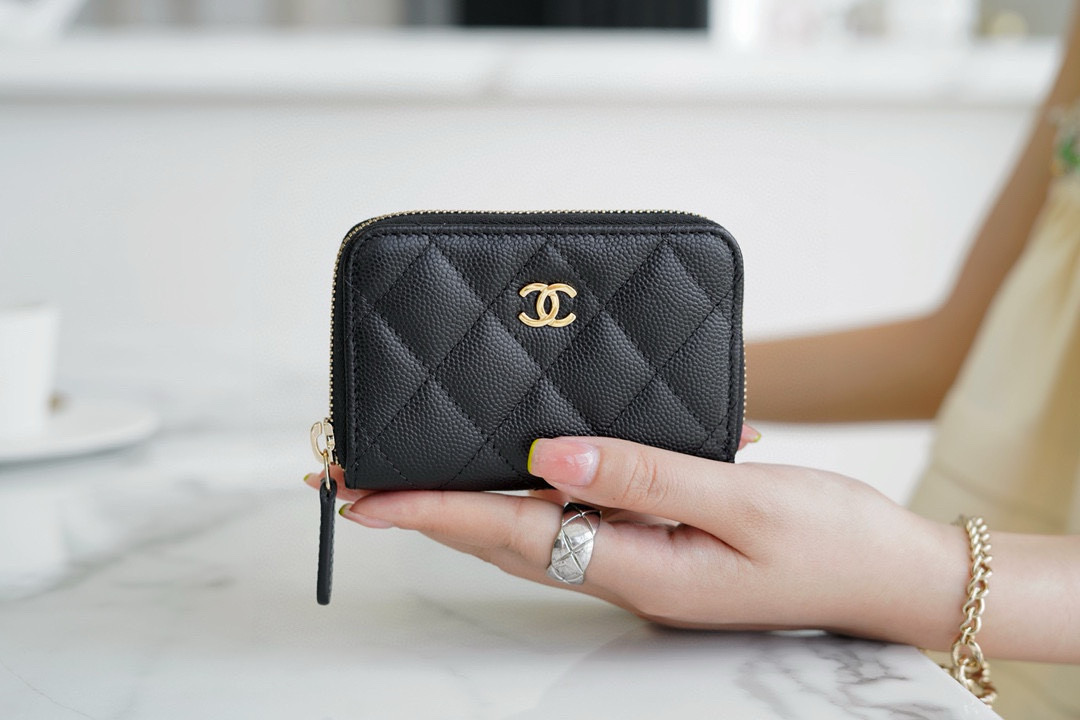샤넬 Chanel Classic Zipped Coin Purse Black gold 11cm