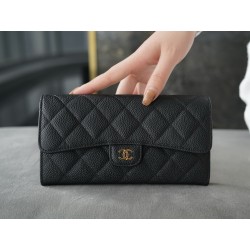 샤넬 Chanel Classic Long Flap Wallet Black gold 19.5cm