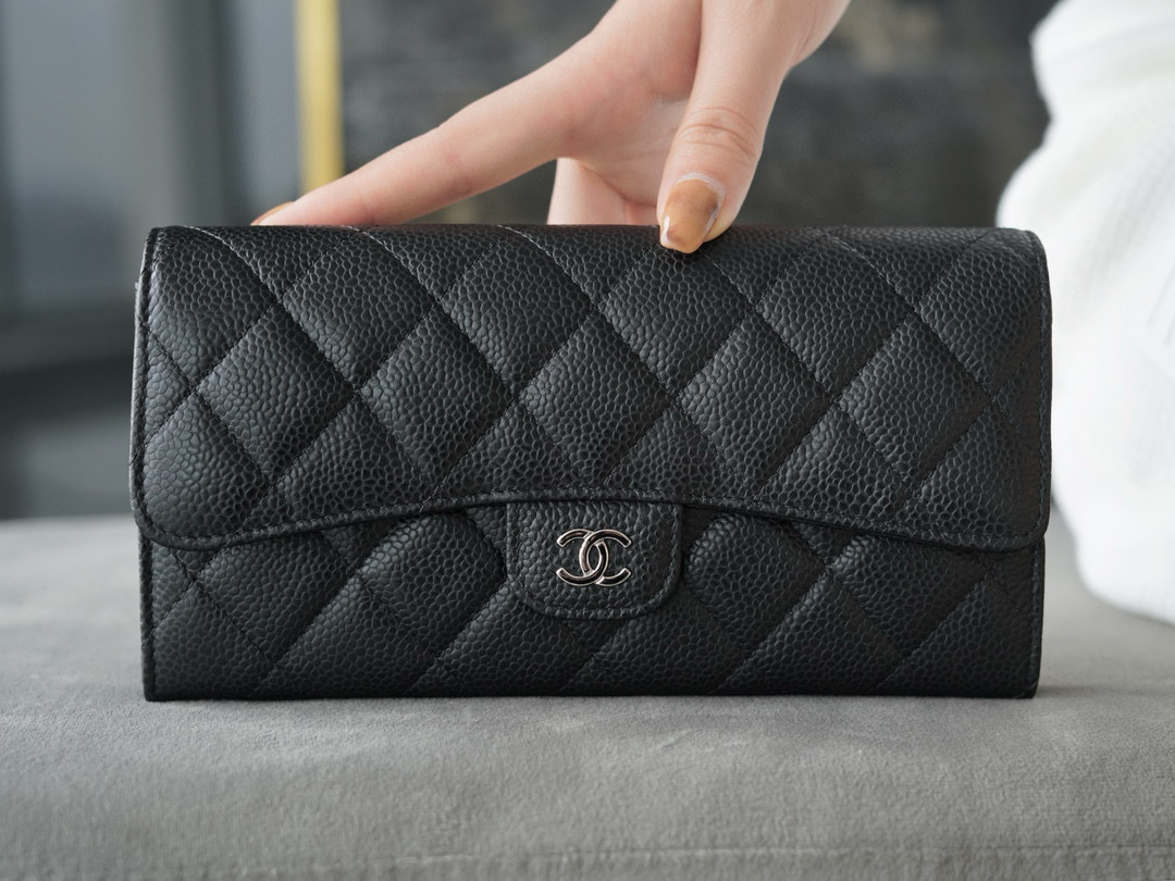 샤넬 Chanel Classic Long Flap Wallet Black silver 19.5cm