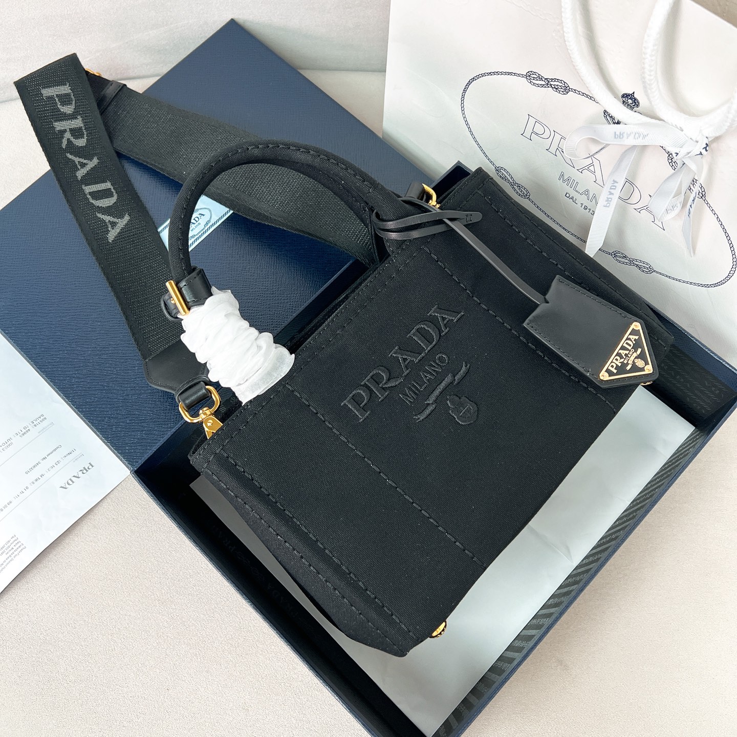 프라다 Prada 1BA038 코튼 캔버스 미니 핸드백 22cm
