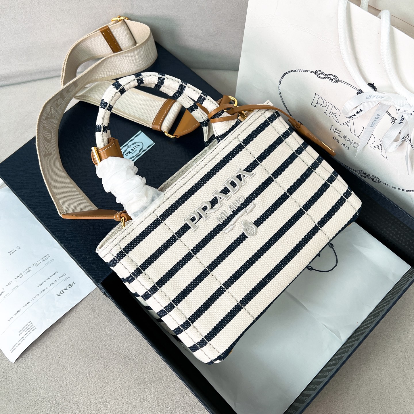 프라다 Prada 1BA038 스트라이프 코튼 캔버스 미니백 22cm