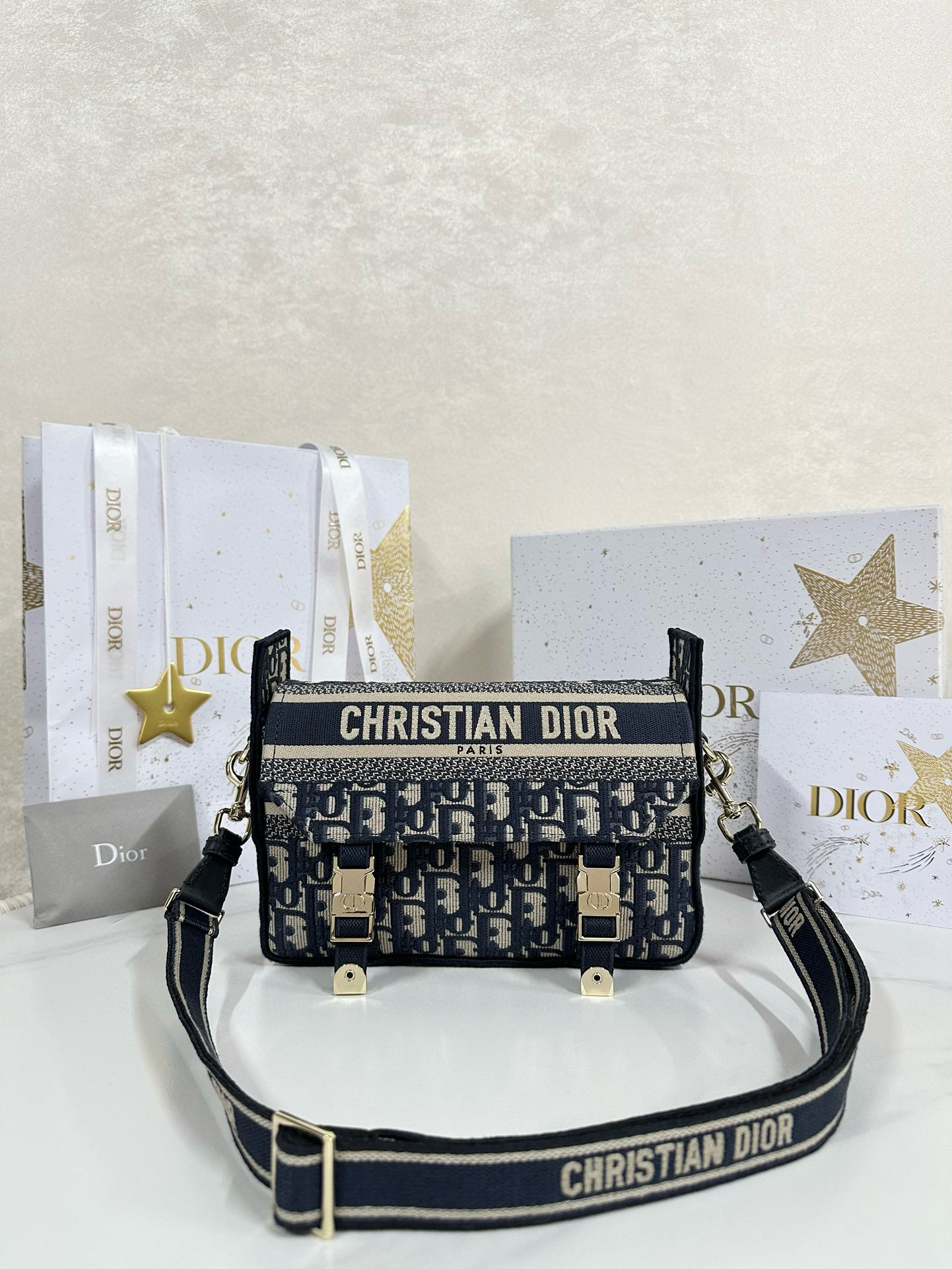 디올 Dior Small Diorcamp Bag Oblique Jacquard Blue 23cm