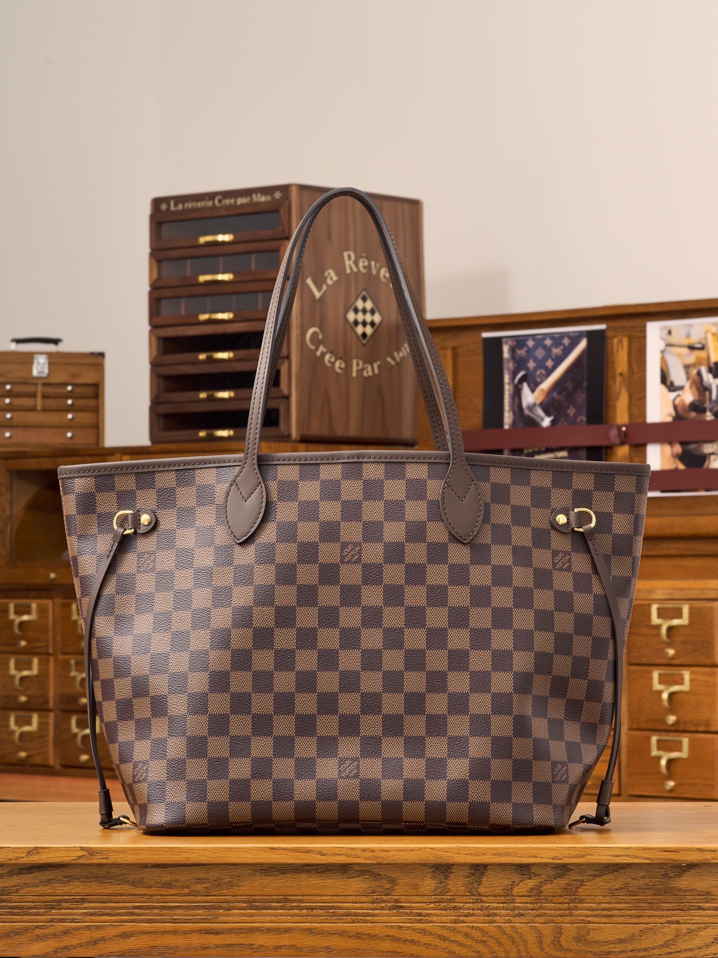 루이비통 Louis Vuitton N41358 Neverfull MM Damier Ebene Cerise Red 32CM