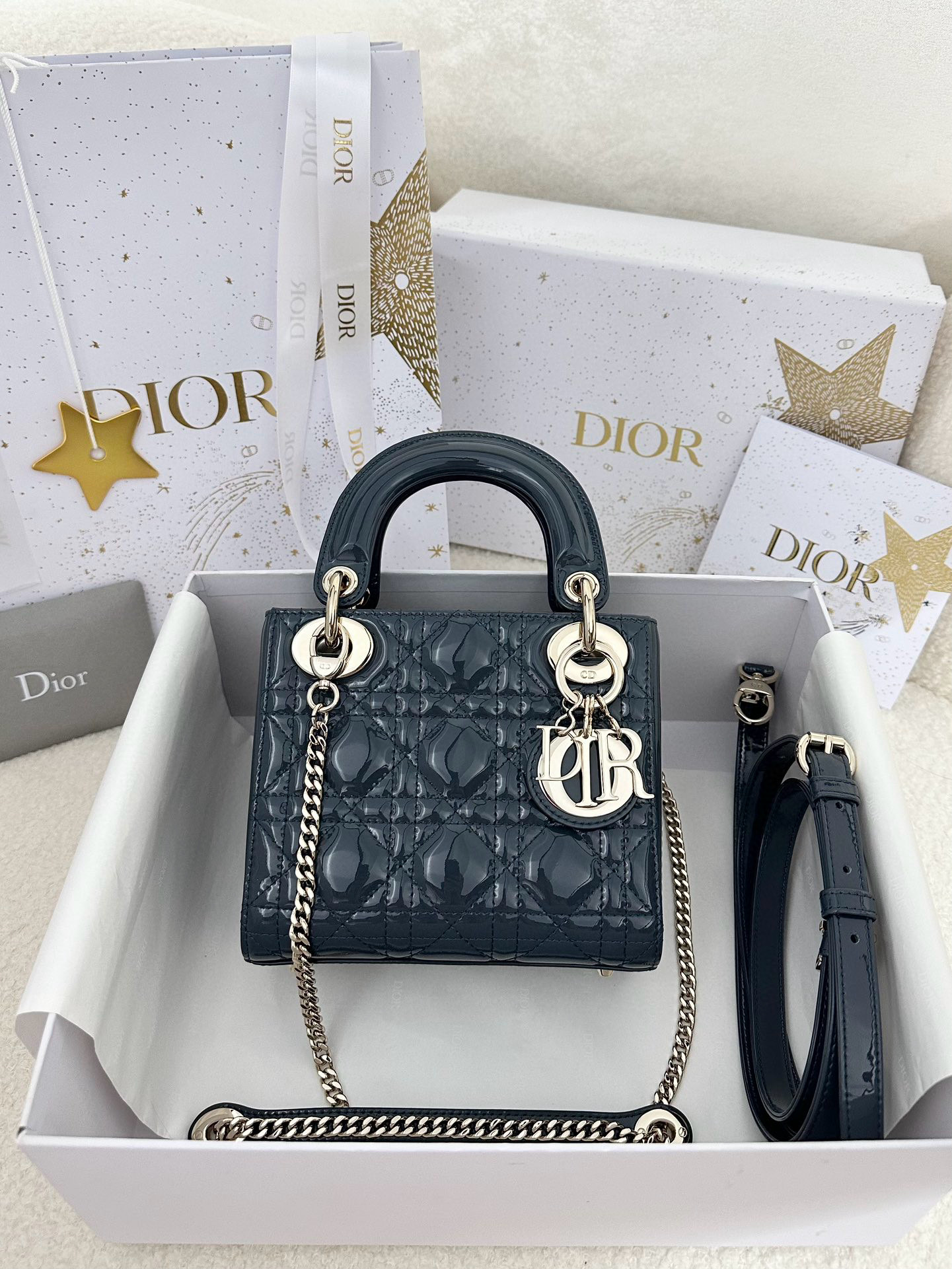디올 Dior Mini Lady Dior Bag Blue 17cm
