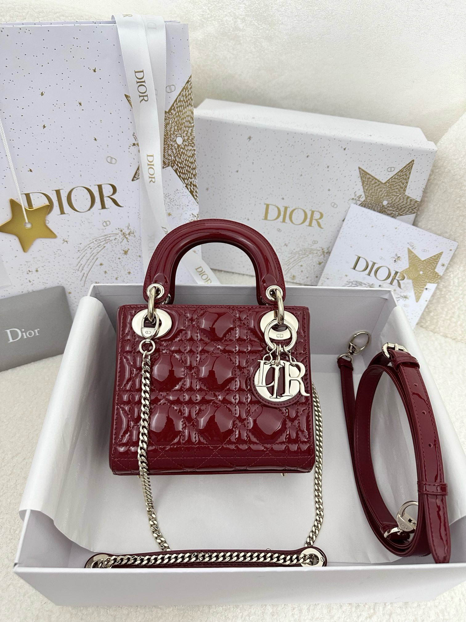 디올 Dior Mini Lady Dior Bag Wine red 17cm