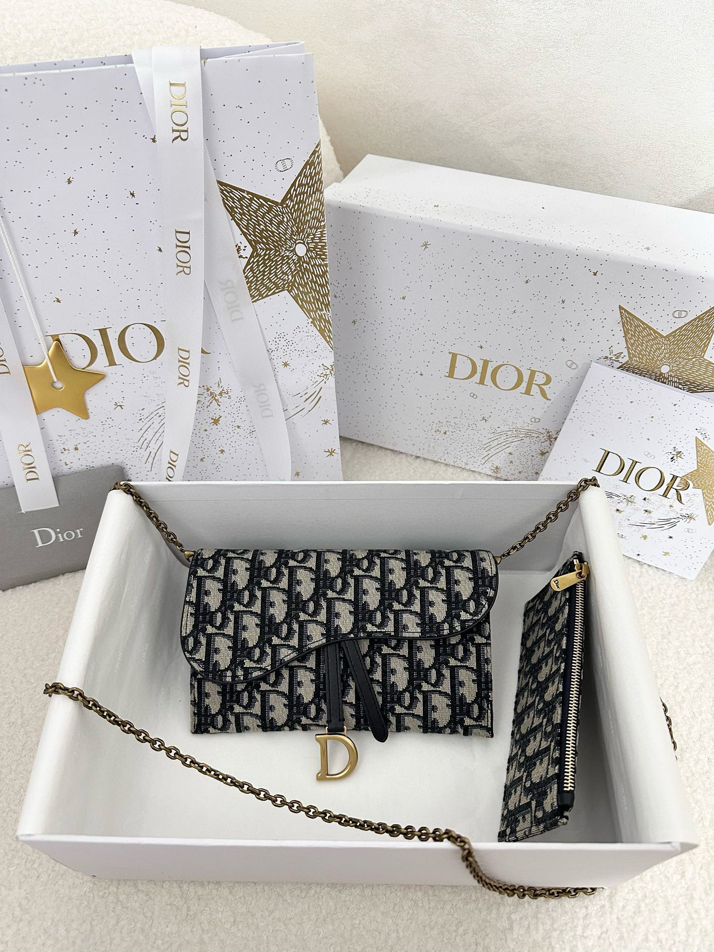 디올 Dior Small Saddle Pouch with Chain Oblique Jacquard Blue 19cm