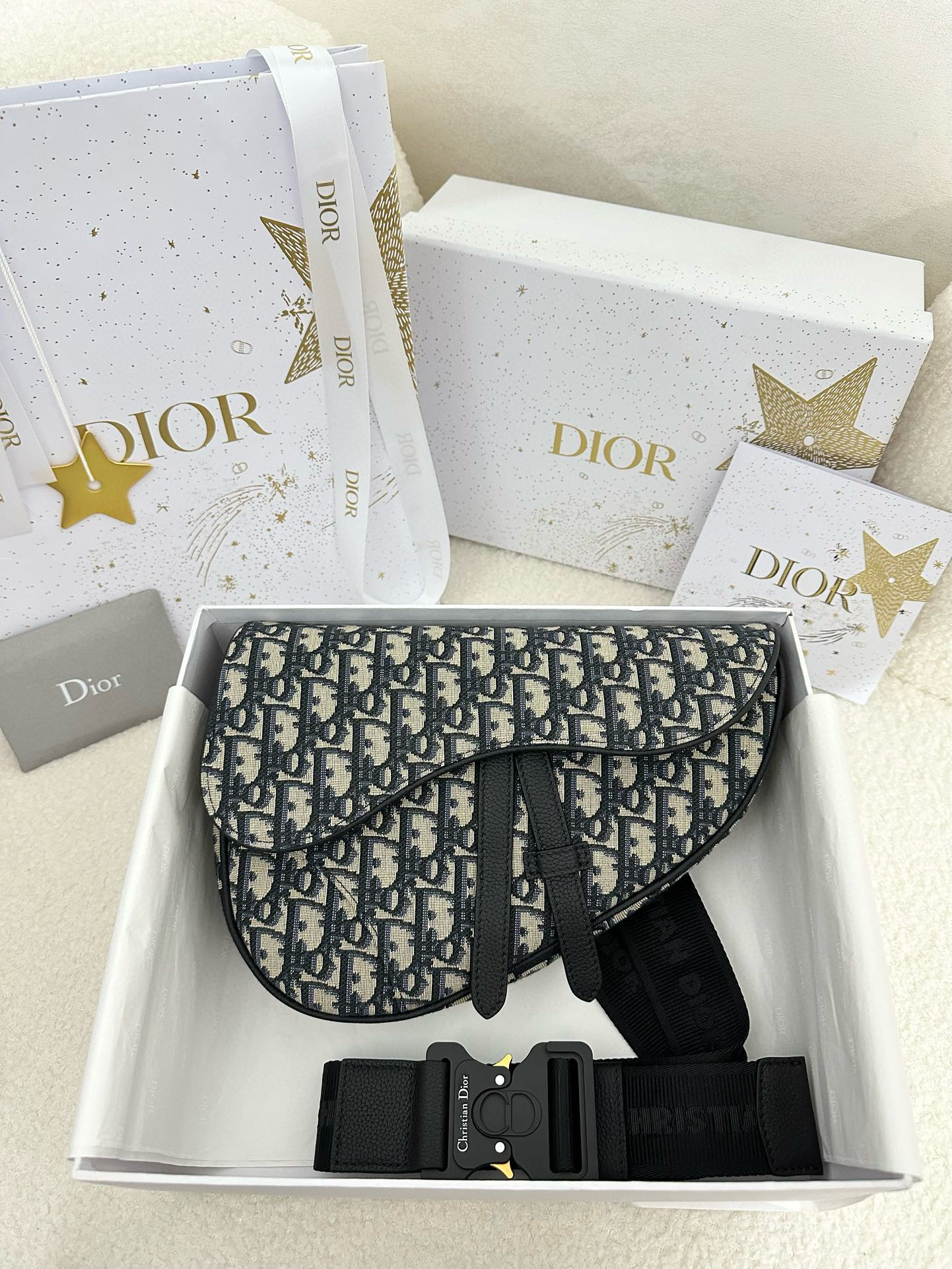 디올 Dior Saddle Bag Beige and Black Oblique Jacquard 28.5cm