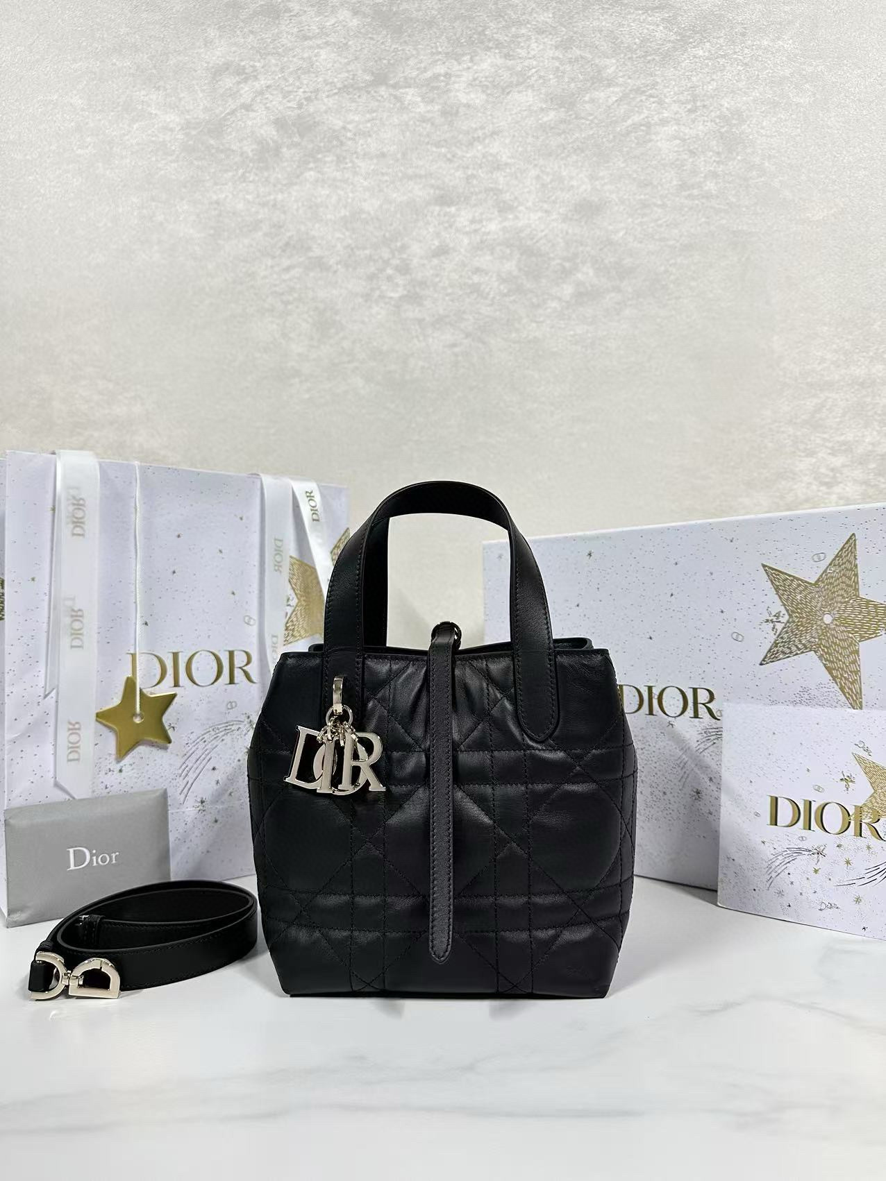 디올 Dior Small Dior Toujours Vertical Tote Bag Black 16cm