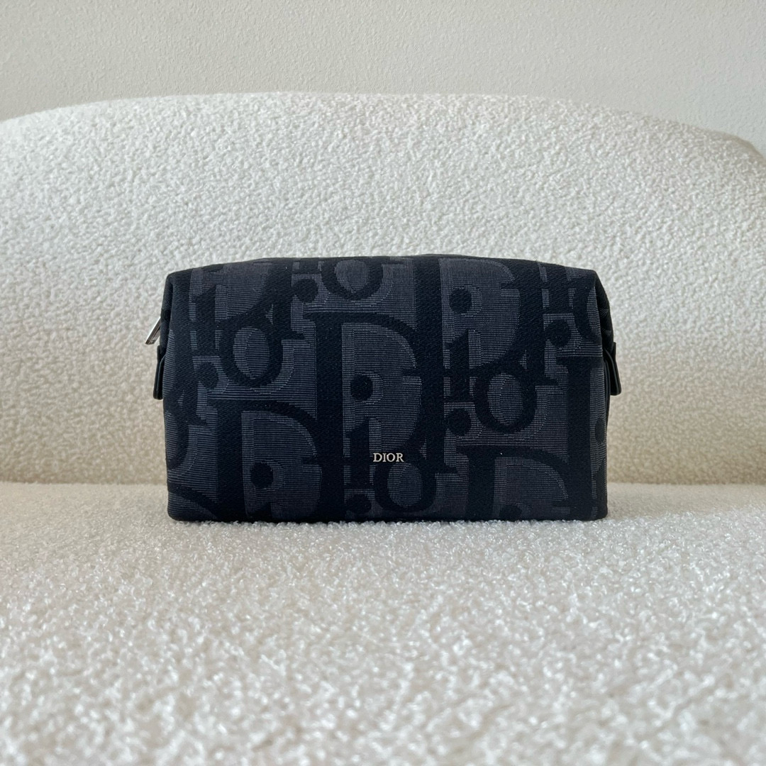 디올 Dior Toiletry Bag Black Maxi Oblique Jacquard 23cm