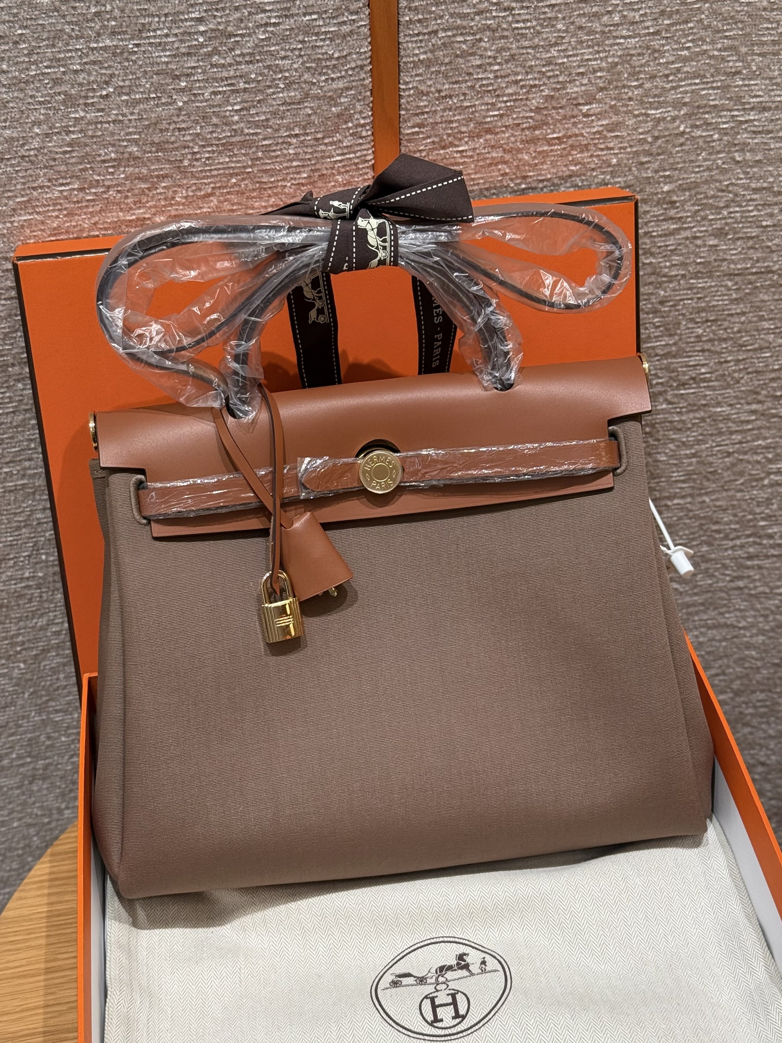 에르메스 Hermes Herbag 31cm canvas and cowhide 18 Etoupe and 37 Gold/gold