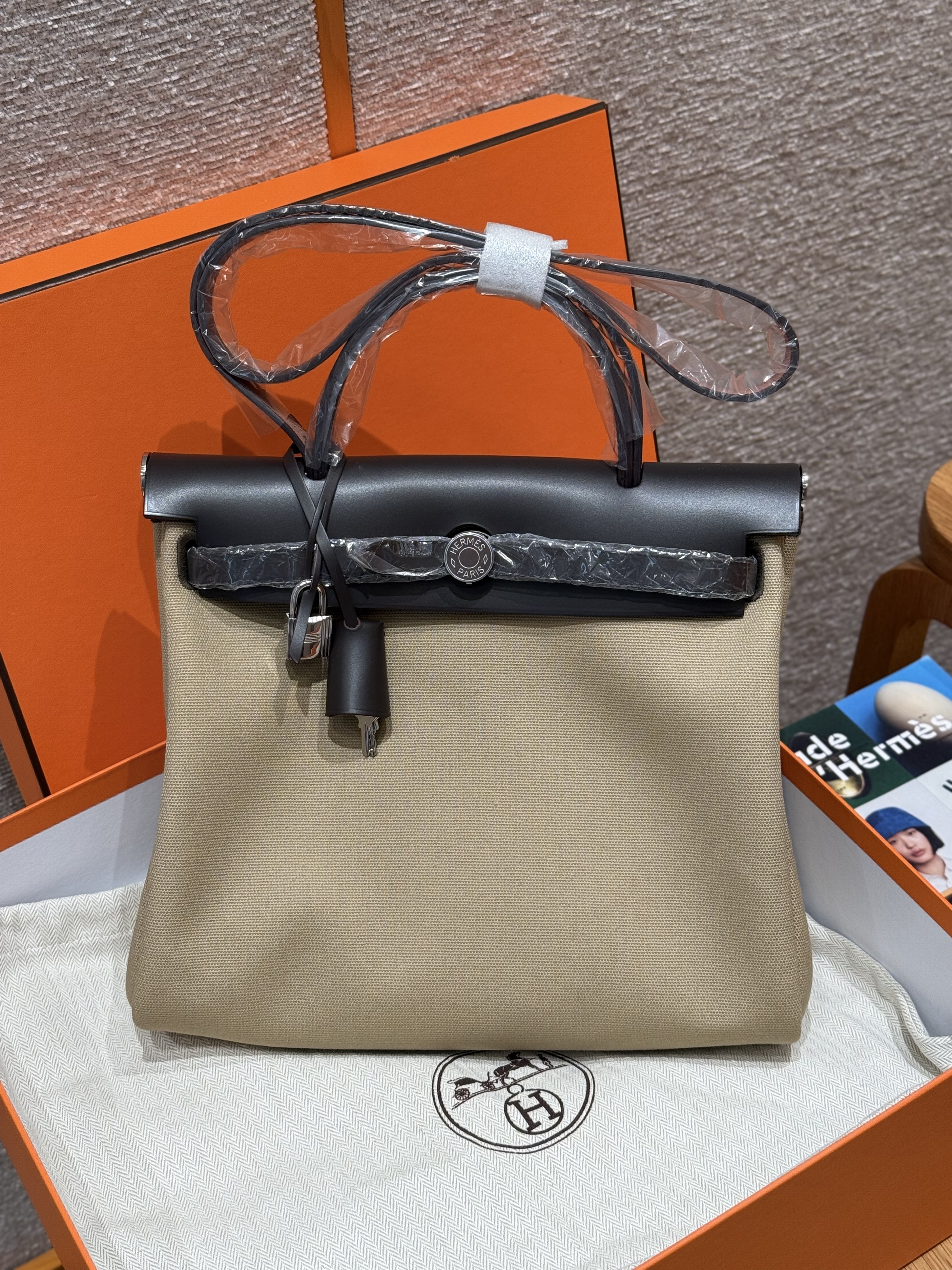 에르메스 Hermes Herbag 31cm canvas and cowhide S2 Trench and 46 Ebene/silver
