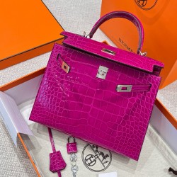 에르메스 Hermes Kelly 25cm France Hcp Alligator crocodile J5 Rose Scheherazade/silver