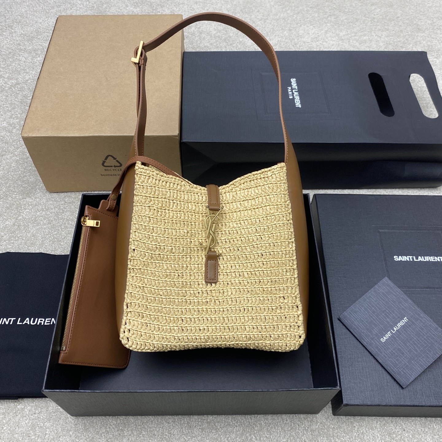 생로랑 Saint laurent/YSL 823812 Le 5 A 7 Supple Small in Raffia and Leather Pale Brown Brick 22cm