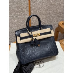 에르메스 Hermes Birkin 25cm Porosus Crocodile 73 Blue Saphir/gold