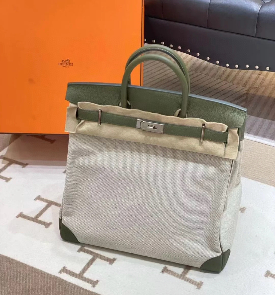 에르메스 Hermes Birkin Hac 40cm Togo and canvas 61 Olive Green/silver