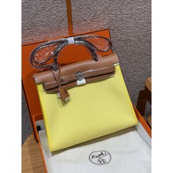 에르메스 Hermes Herbag 31cm Canvas and Cowhide Jaune Citron Cuivre Naturel Sable/silver
