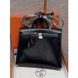 에르메스 Hermes Herbag 31cm Coated Canvas and Cowhide Noir Ecru Noir Noir/gold