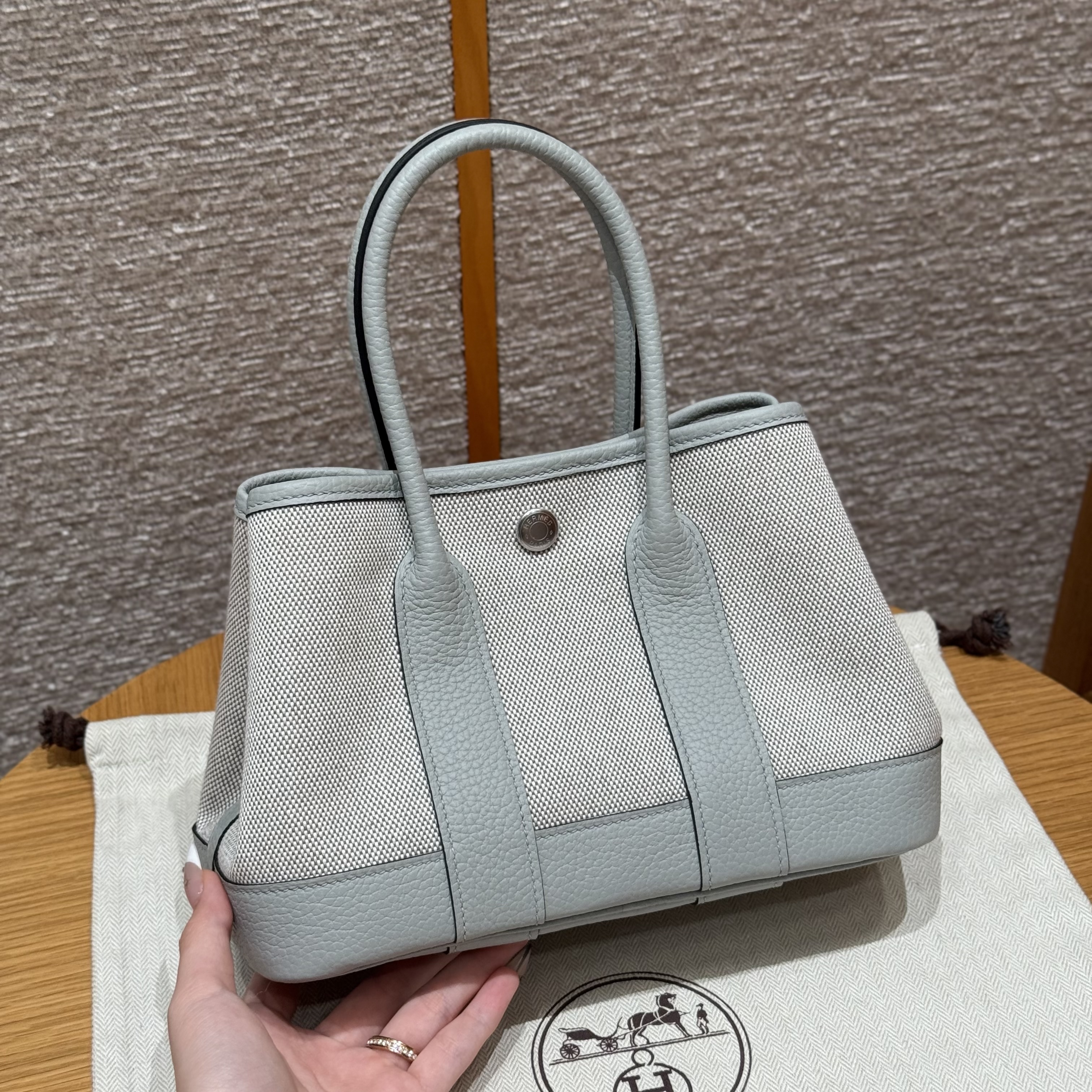 에르메스 Hermes Garden party mini 23cm Canbas and Negonda ecru blue glacier gris pantin