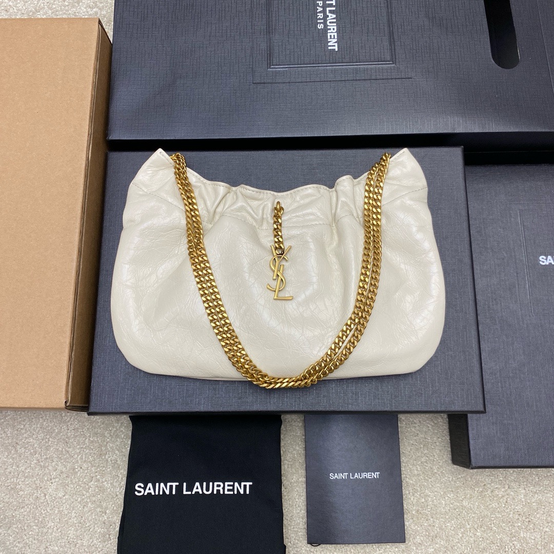 생로랑 Saint laurent/YSL 681632 Medium Chain Hobo Bag in Crinkled Nappa Leather White 24CM