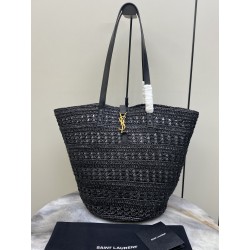 생로랑 Saint laurent/YSL 685618 Panier Small Bag in Crochet Raffia and Smooth Leather Black