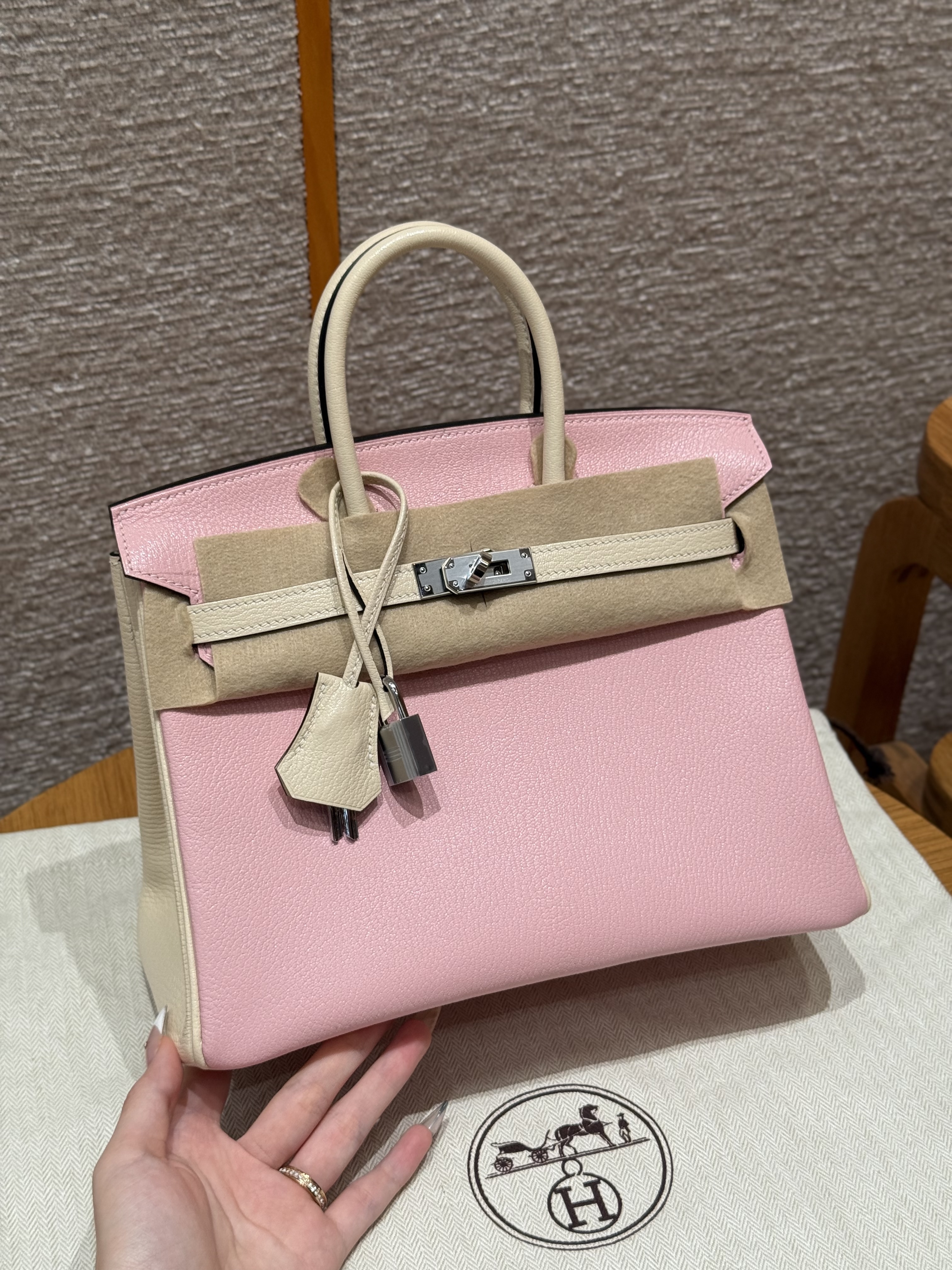 에르메스 Hermes Birkin 25cm Chèvre 3Q Rose Sakura and i2 Nata/silver