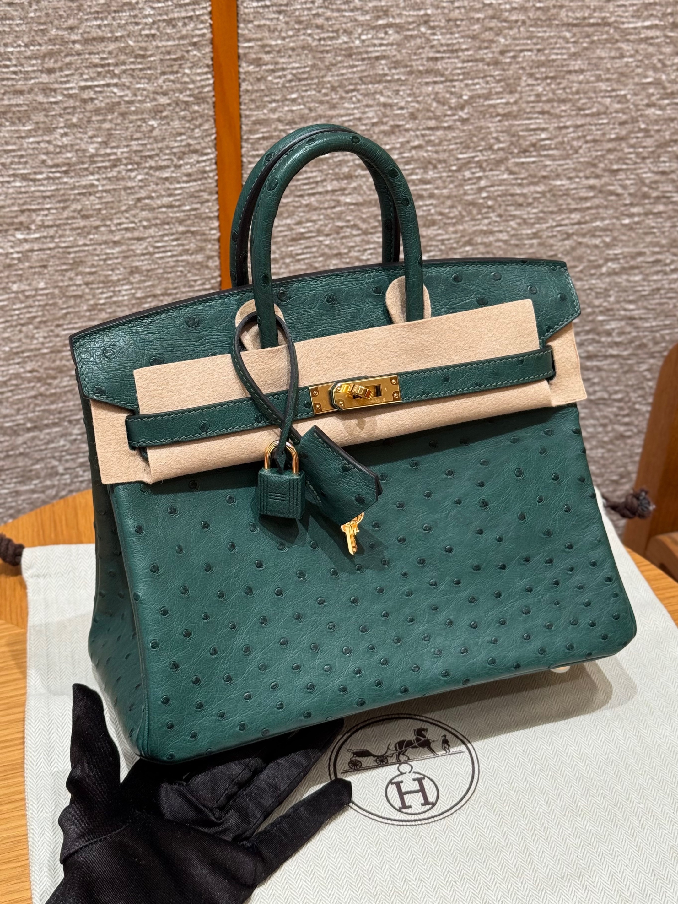 에르메스 Hermes Birkin 25cm KK ostrich V0 Vert Rousseau/gold