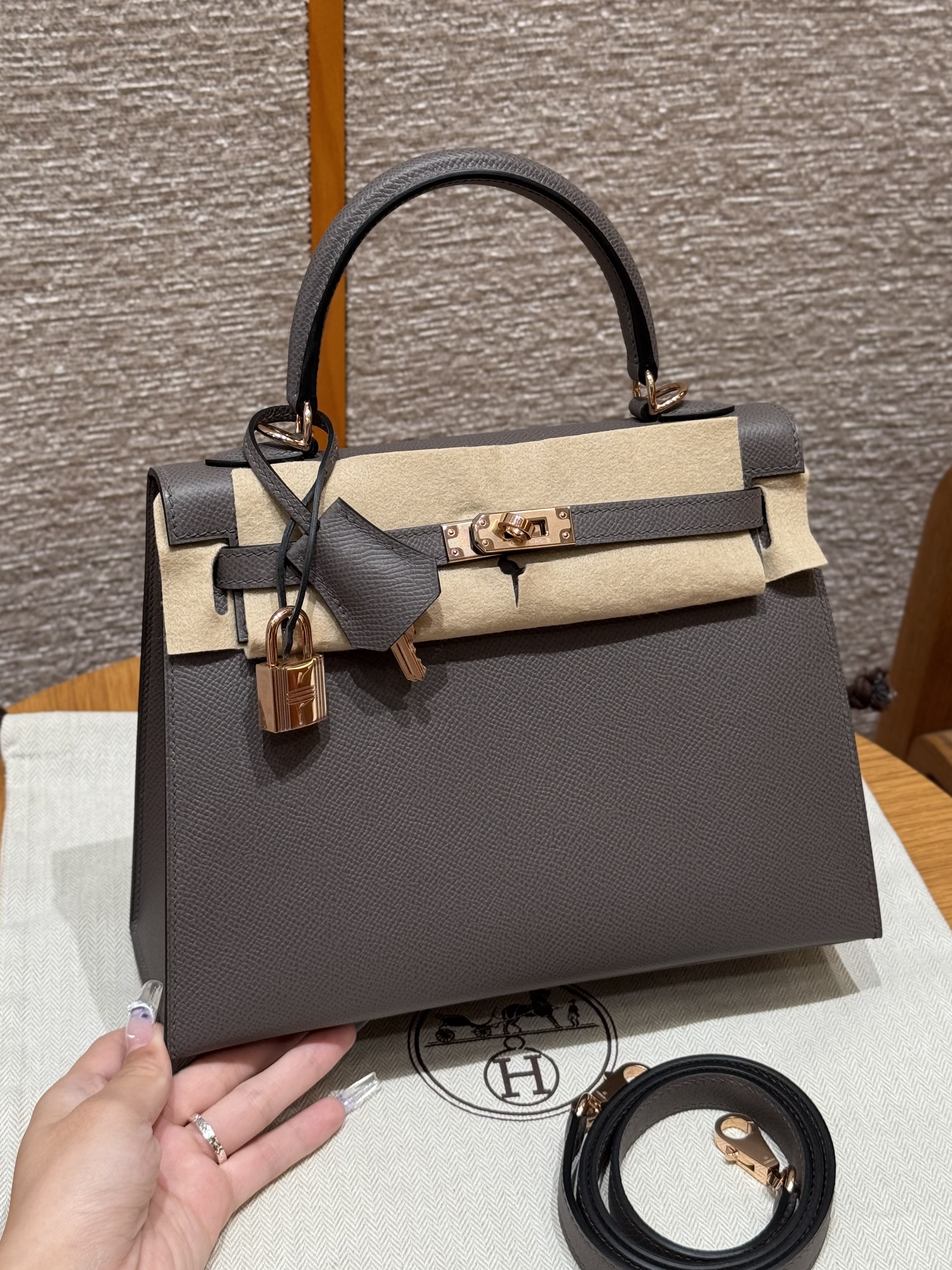 에르메스 Hermes Kelly 25cm Epsom 8F Etain/Rose gold