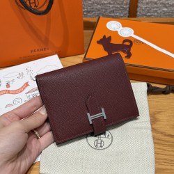 1에르메스 Hermes Bearn Compact wallet 12cm Madame 55 Rouge H/silver