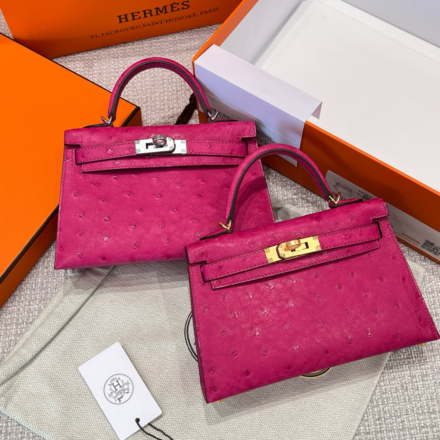 에르메스 Hermes Mini Kelly KK ostrich E5 Rose Tyrien/silver&gold
