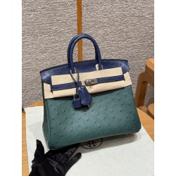 에르메스 Hermes Birkin 25cm KK ostrich V0 Vert Rousseau and 7Z Blue Lris/silver