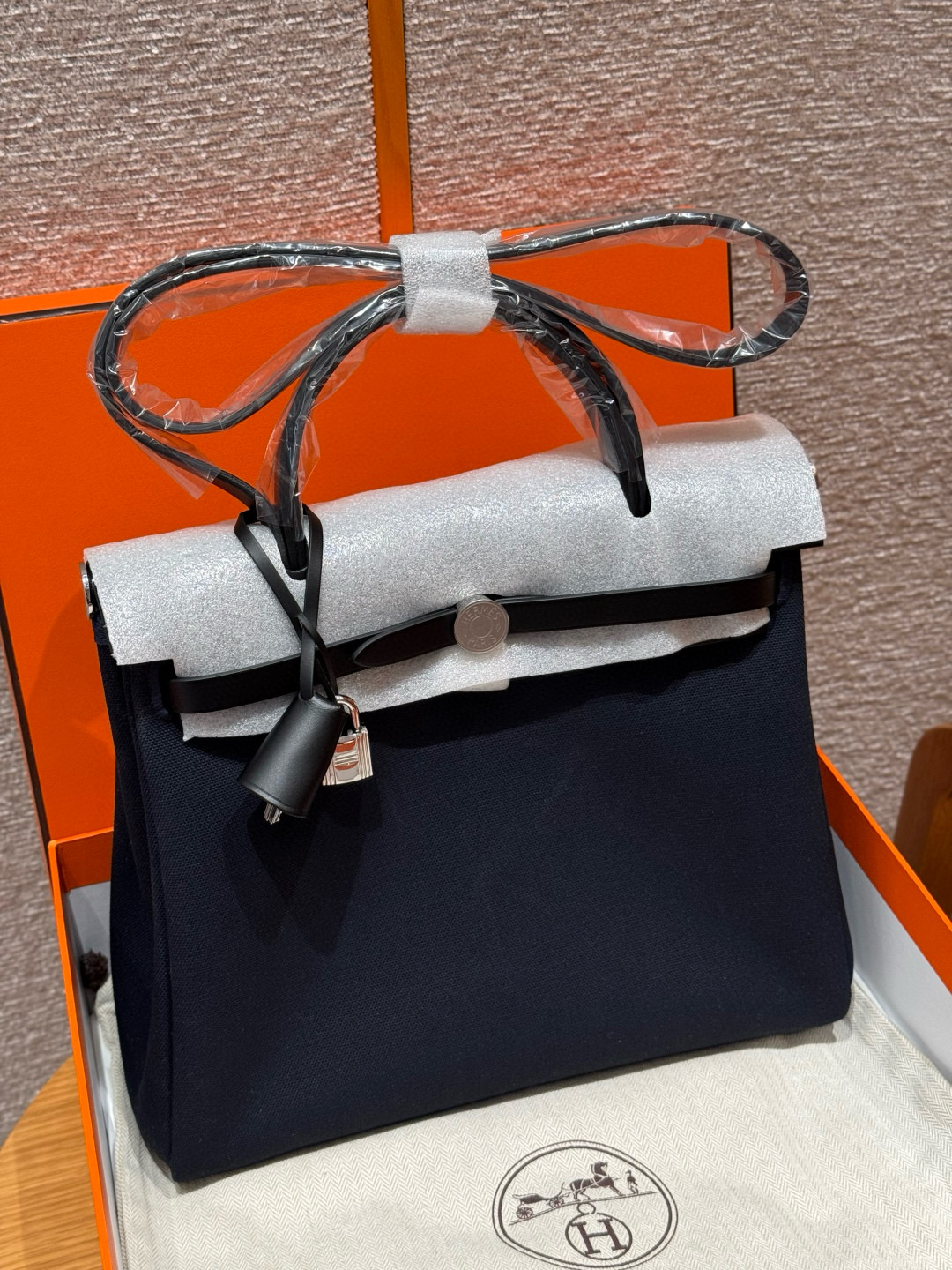 에르메스 Hermes Herbag 31cm canvas and cowhide 7U Blue navy-fauve and 89 Noir/silver