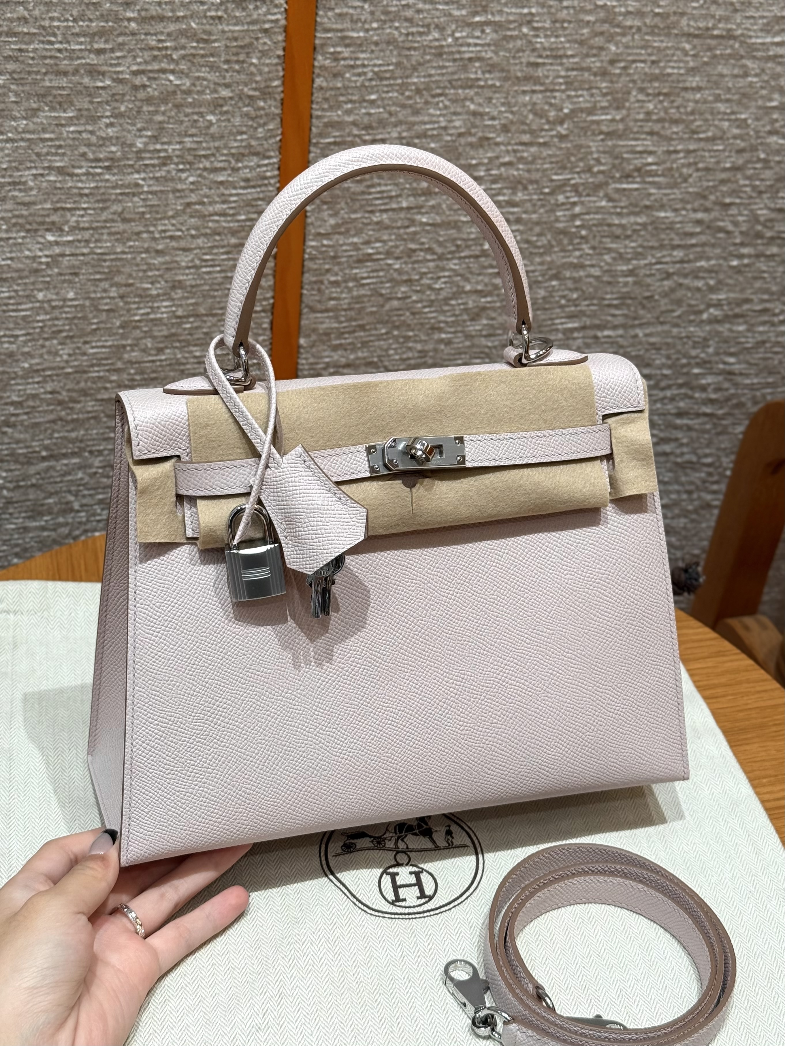 에르메스 Hermes Kelly 25cm Epsom 09 Mauve Pale/silver