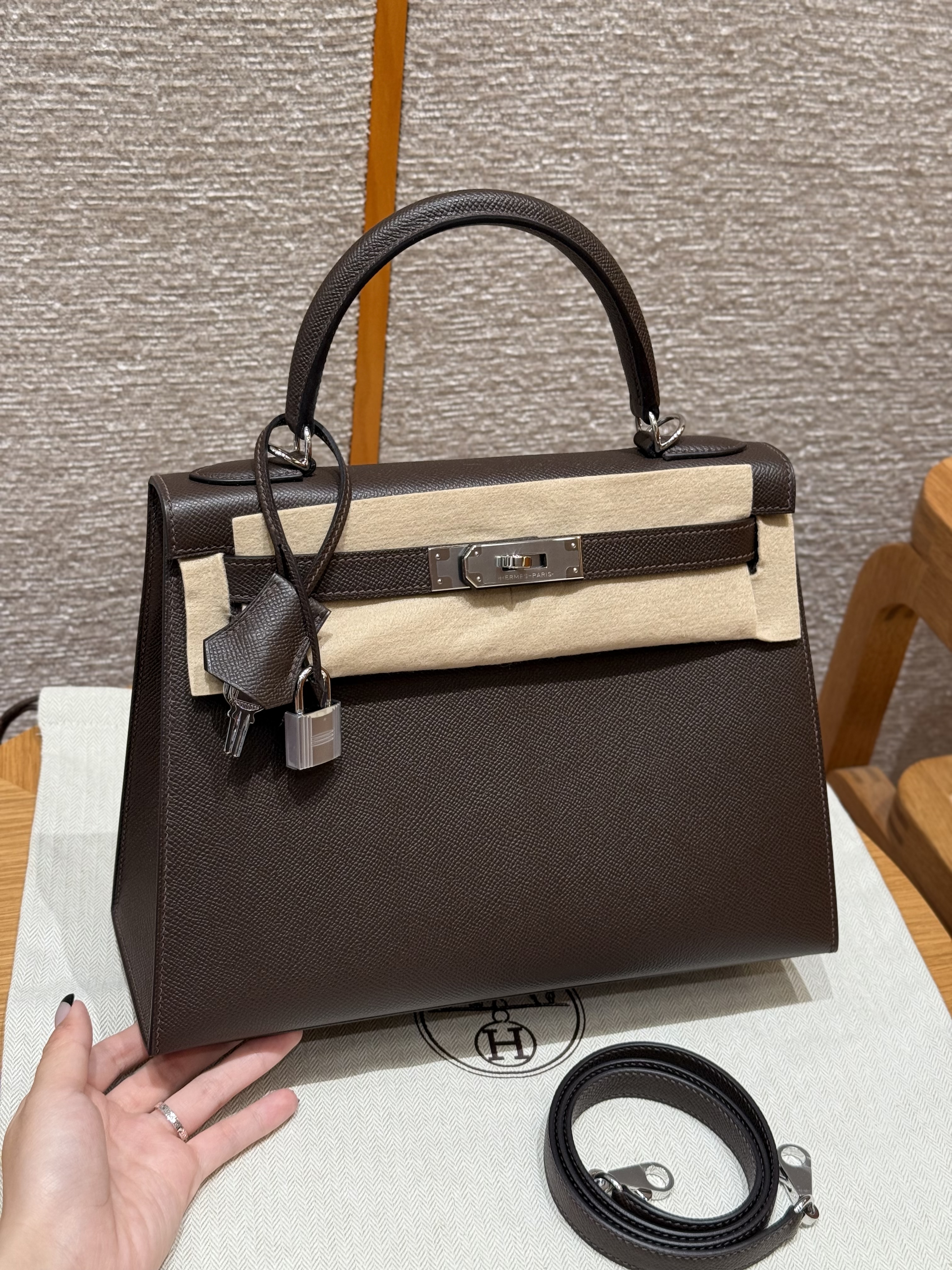 에르메스 Hermes Kelly 28cm Epsom 47 Chocolat/silver