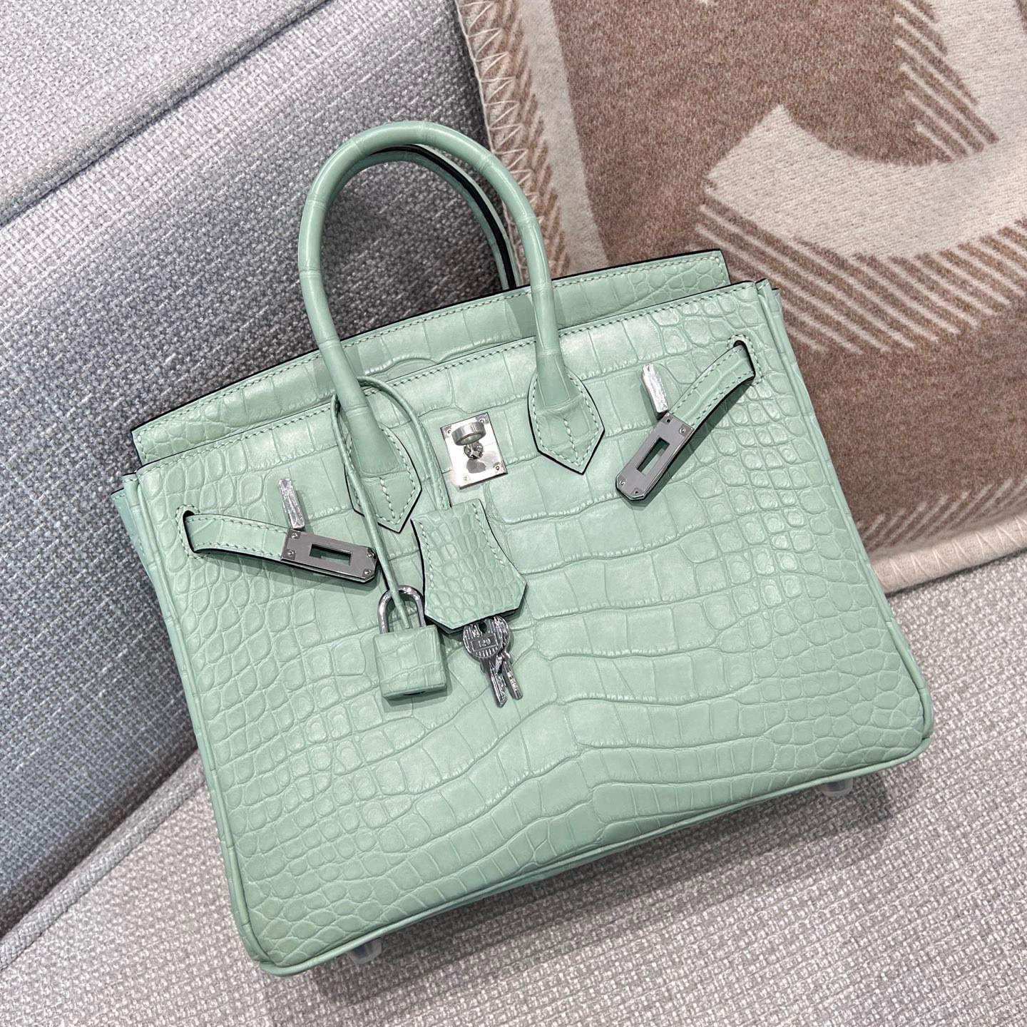 에르메스 Hermes Birkin 25cm Hcp Alligator 6W Menthe/silver