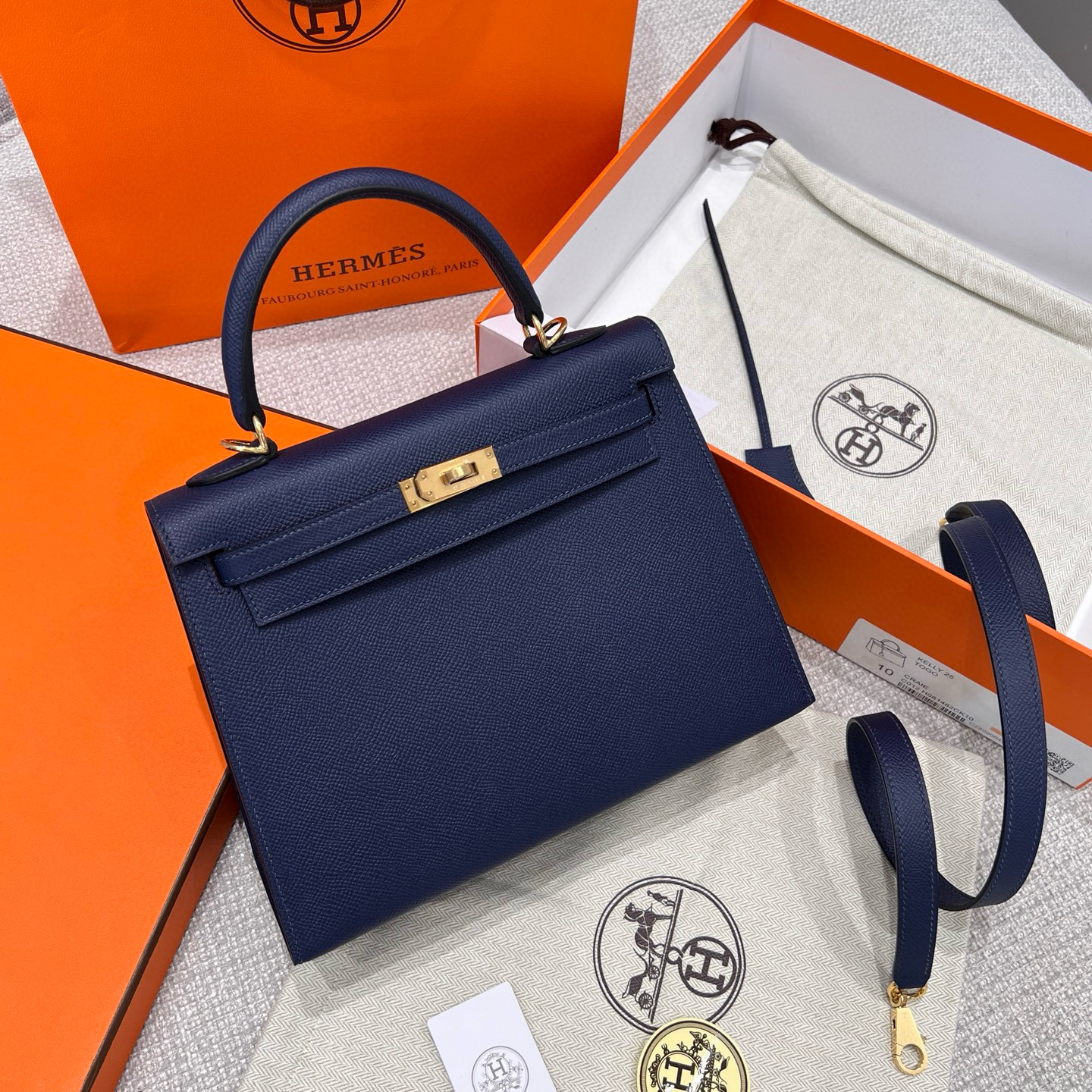에르메스 Hermes Kelly 25cm Haas Leather 2Z Blue Niut/gold