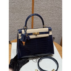 에르메스 Hermes Kelly 25cm Porosus crocodile Z7 Blue Ocean/gold