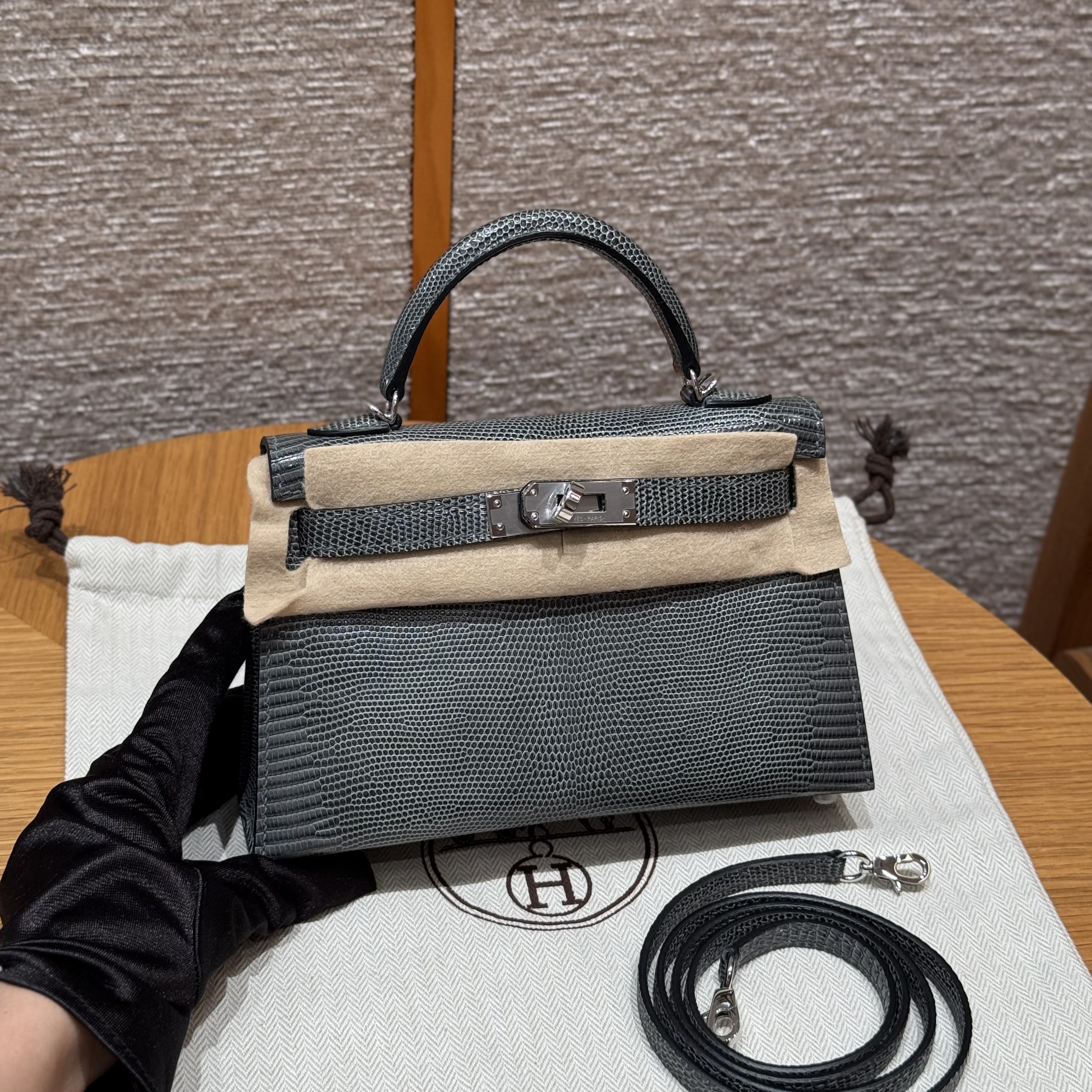 에르메스 Hermes Mini Kelly 19cm Lizard 85 Ardoise/silver