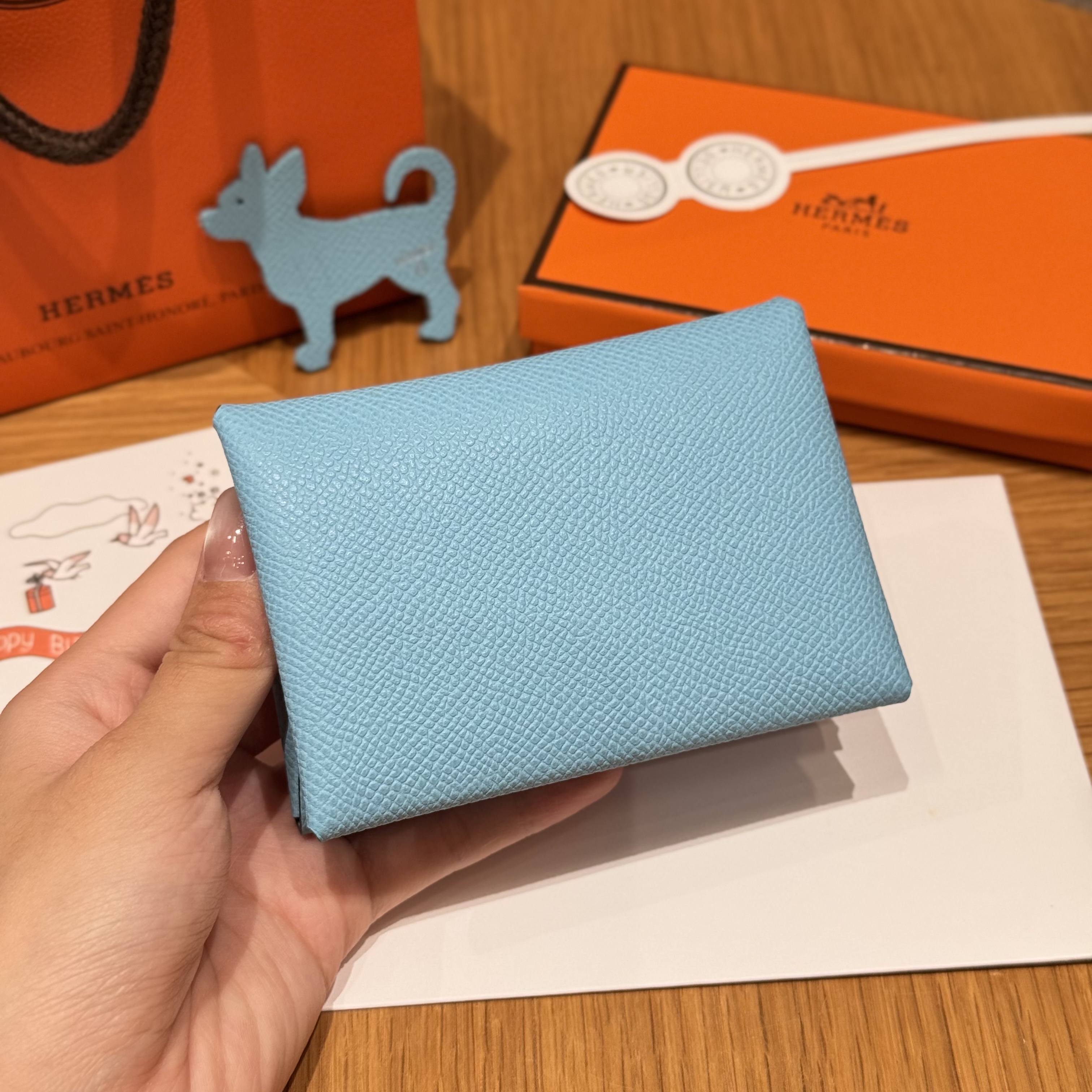 에르메스 Hermes Calvin duo Card Holder 10.5cm Epsom 7N Celeste/silver