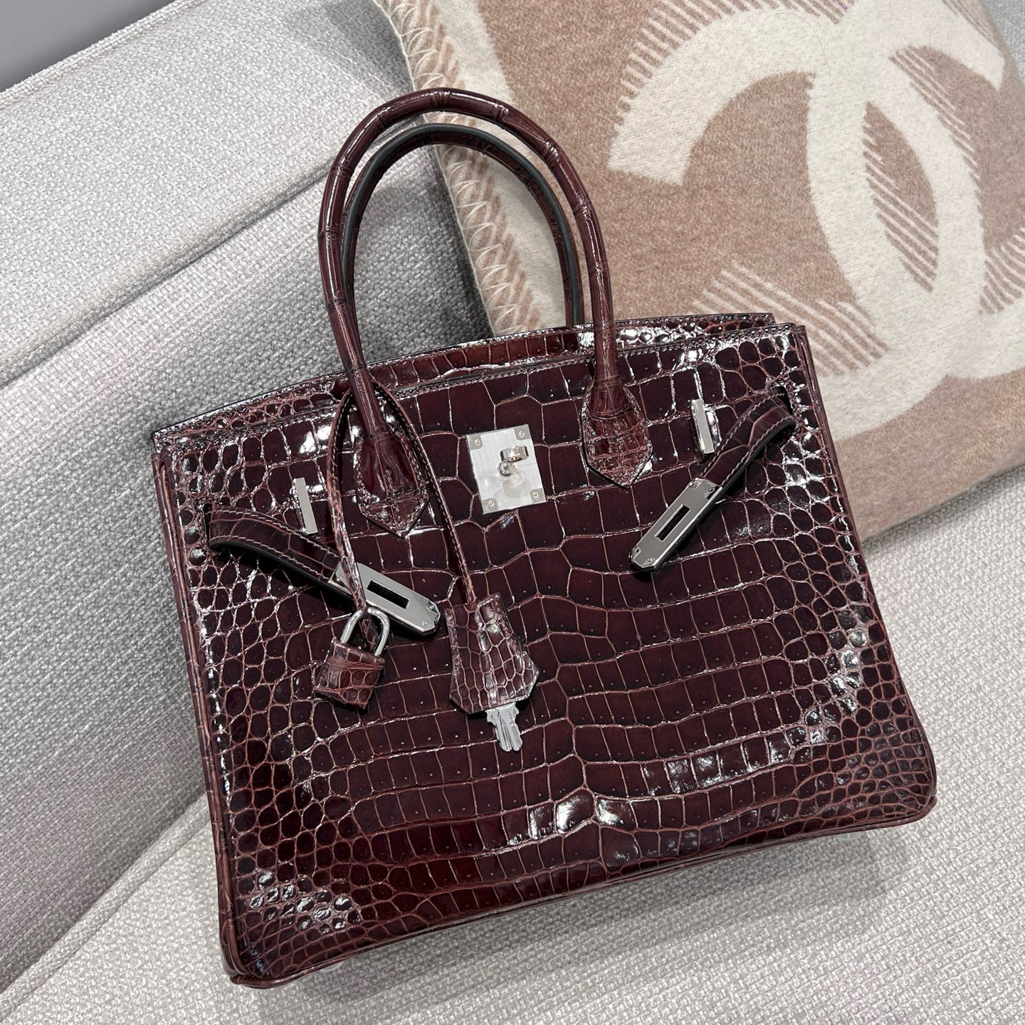 에르메스 Hermes Kelly 25cm Hcp Porosus 47 Chocolate/silver