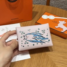 에르메스 Hermes Calvin duo Card Holder 10cm Swift and Chèvre 09 Mauve pale/silver