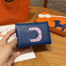 에르메스 Hermes Calvin duo Card Holder 10cm Swift and Chèvre 71 Blue France/silver