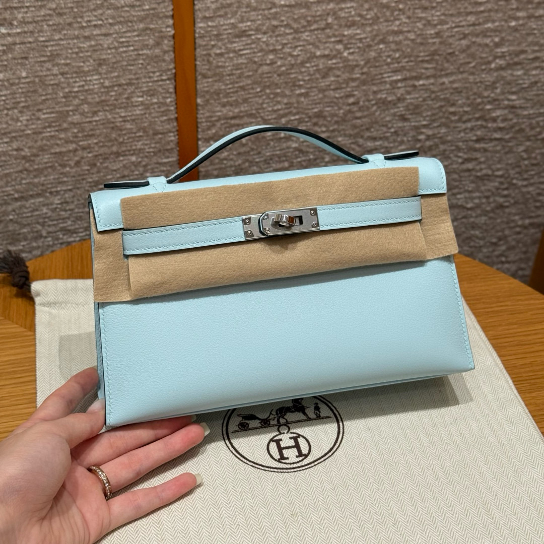 에르메스 Hermes Kelly Pochette 22cm Swift U2 Blue zephyr/silver
