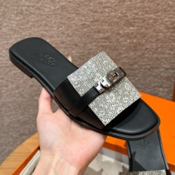 에르메스 Hermes 183 Giulia sandal Lizard&89 Noir and Himalaya