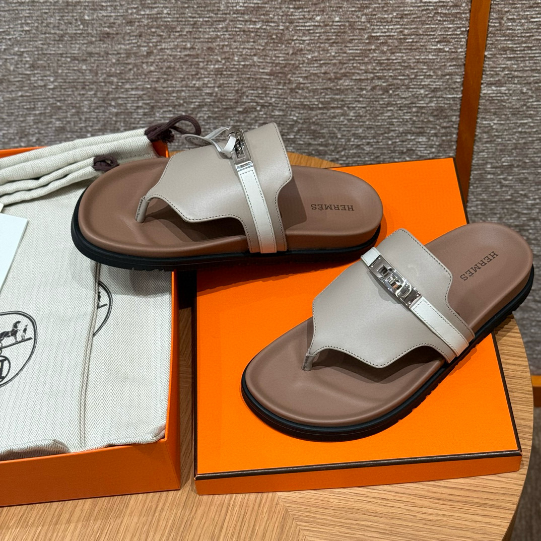 에르메스 Hermes 258 Empire Sandal Calfskin&Grayish-yellow beige silver