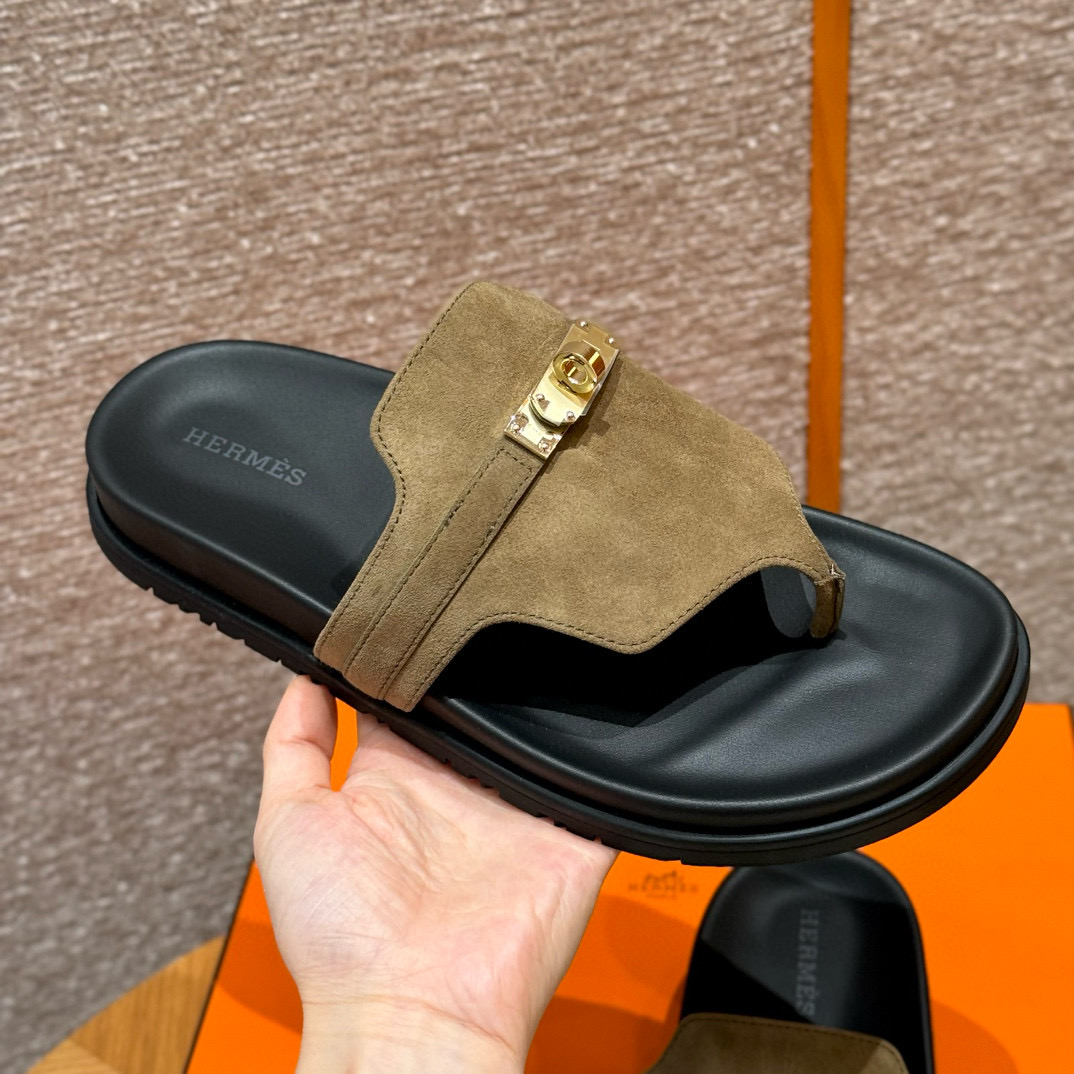 에르메스 Hermes 258 Empire Sandal Chamois&Grayish green gold